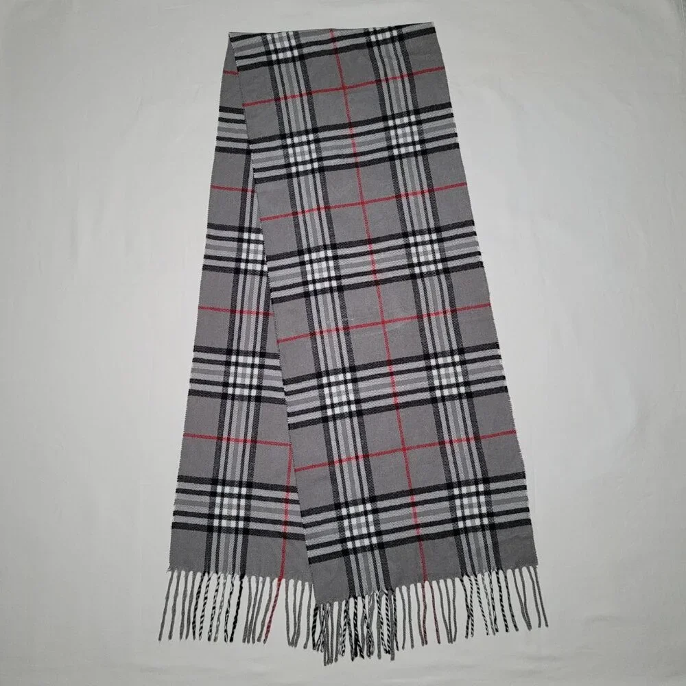 Womens Scarf Cashmere Blend Fringe Italy Design Gray Black Red Plaid - Picture 3 of 6